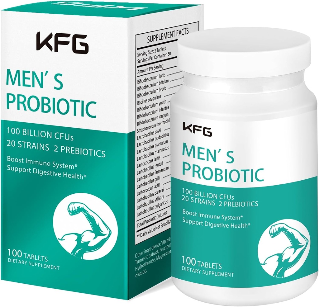 KFG Probiyotik 100 Milyar CFU, 20 Strains, 2 Prebiyotik ve Digestive Enzymes, Destekler Digestion, Immune Support, Gut Health and Metabolism, Non-GMO, Gluten & Soy Free, 100 Tablet