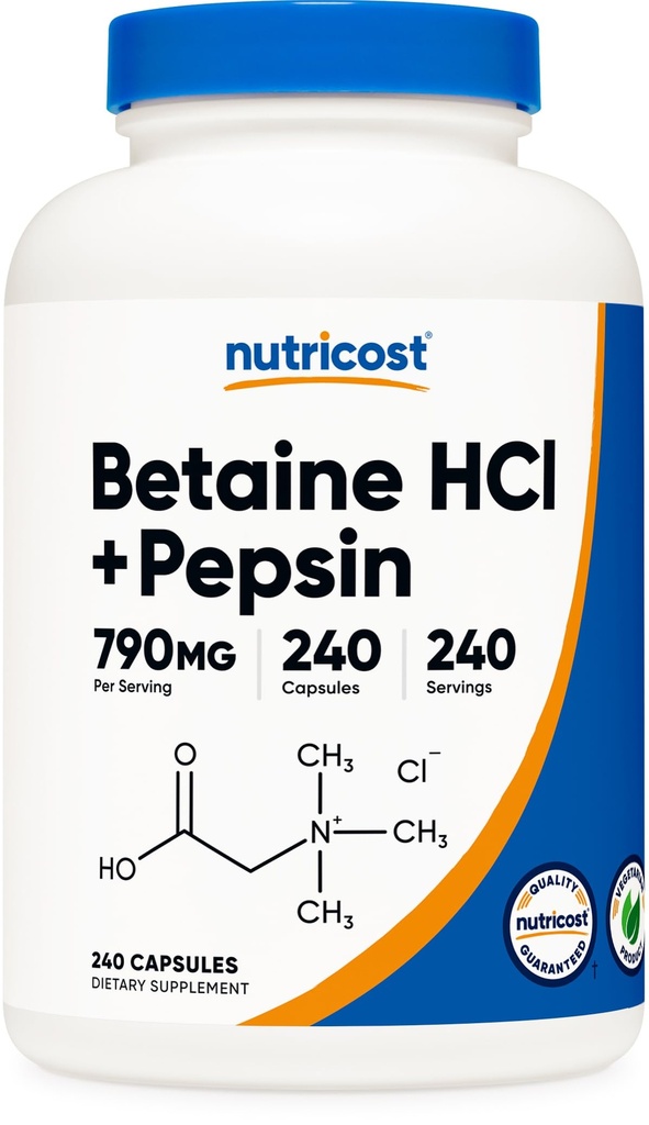 Nutricost Betaine HCl + Pepsin 790mg, 240 Κάψουλες - Χορτοφαγικά & GMO Δωρεάν