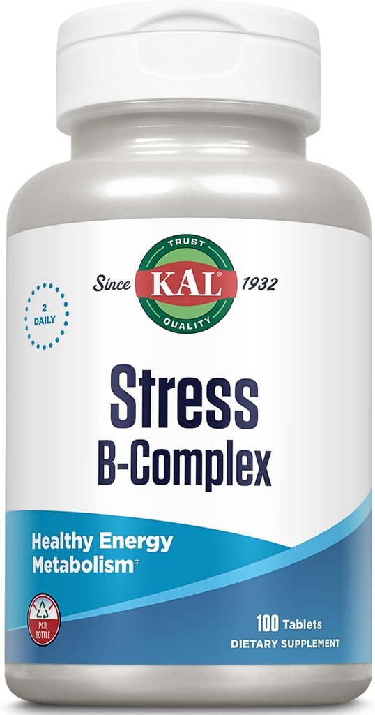 KAL Stress B Complex Vitamin Supplement, Vitamin B Complex for Energy, Stress, Red Blood Cell Formation and Immune Support, with Vitamin B12, B6 and Folic Acid, 60- Ημέρες Εγγύηση, 50 Serv, 100 Tablets