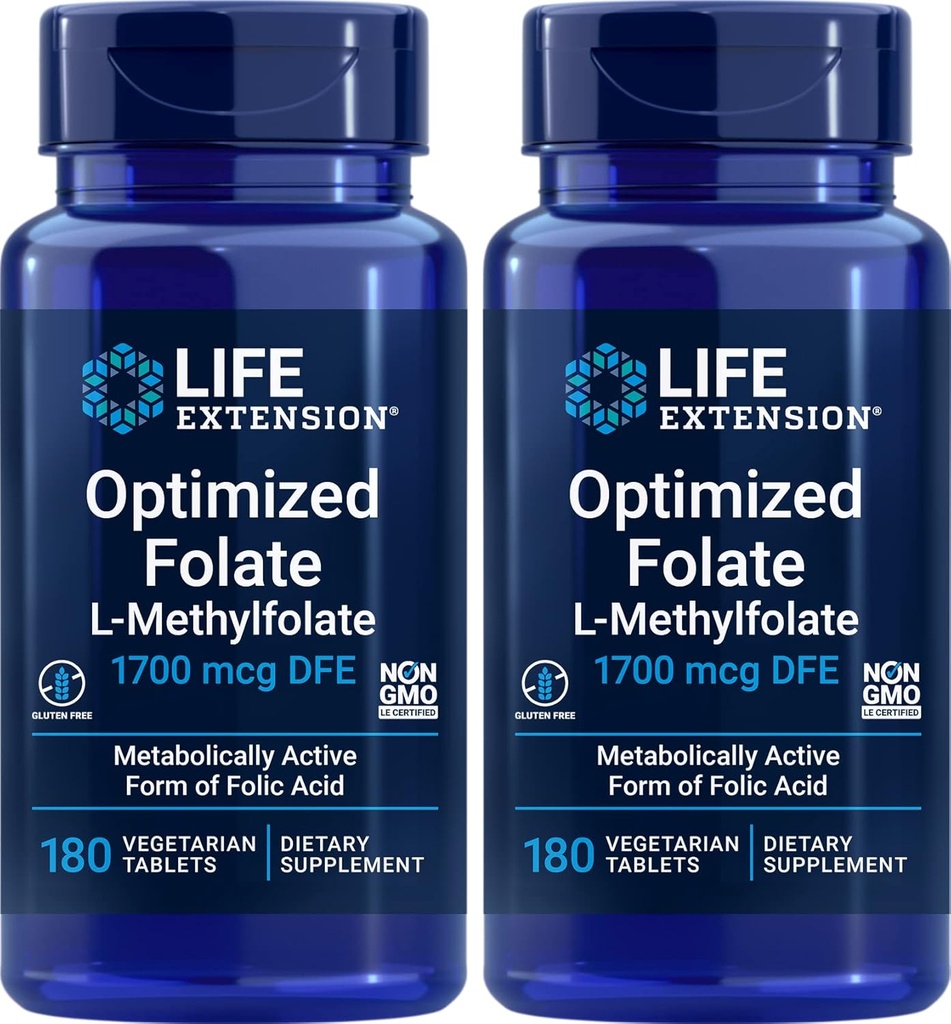 Life Extension Optimized Folate (L-Methylfolate) 1700 mcg DFE, 180 Veg Tabletler (Pack of 2)
