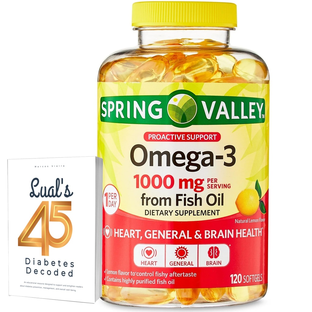 Omega-3, Fish Oil Heart General & Brain Health Diyetary Supplement Softgels, 1000 mg, 120 Count Schell's 45 Diabetes Decoded