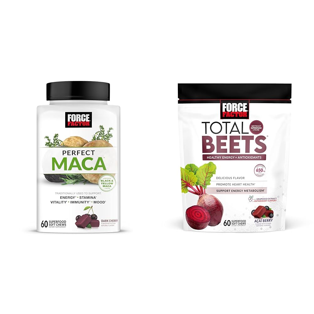 Force Factor Maca & Beet Soft Chews Bundle με 60 Maca Chews και 60 Beet Chews για ενέργεια, Stamina και Heart Health
