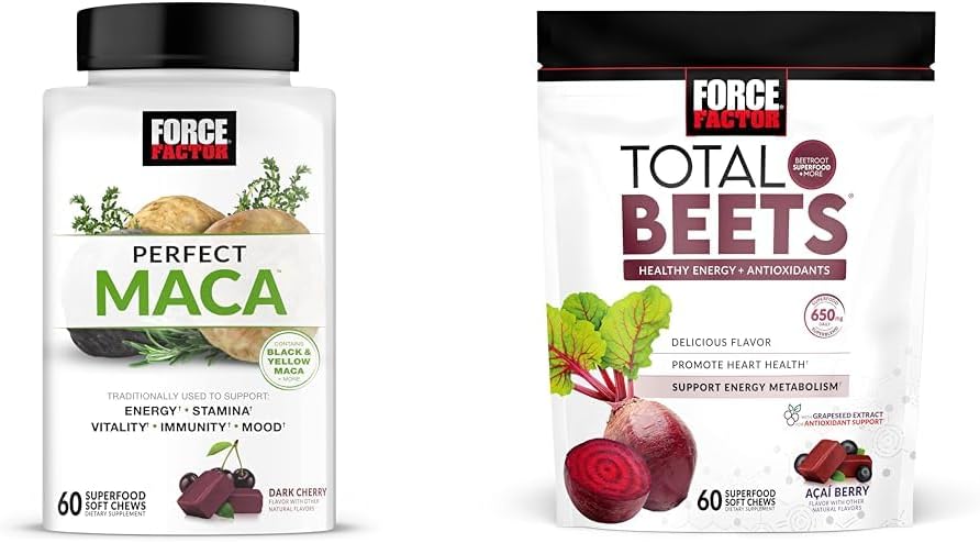 Power Factor Maca & Beet Soft Chews Sche ile 60 Maca Chews ve 60 Arıt Chews for Energy, Stamina ve Heart Health