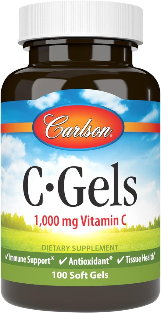 Carlson - C-Gels, 1000mg, Βιταμίνη C Softgels, Ανοσολογική Υποστήριξη & Υγεία της Καρδιάς, Βιταμίνη C Softgels, Αντιοξειδωτικό, Συμπλήρωμα βιταμίνης C, 100 Softgels
