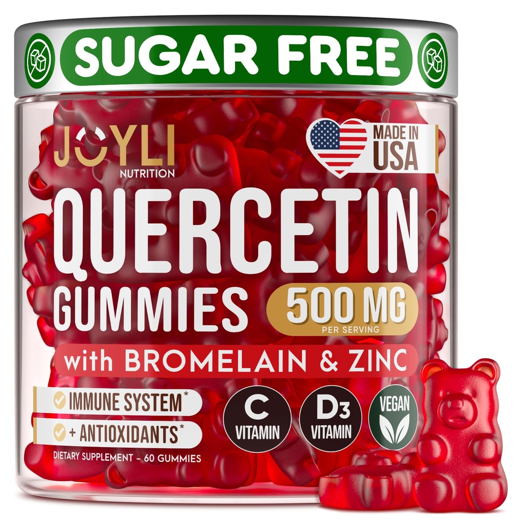 JOYLI Quercetin Gummies - Quercetin with Bromelain çinko Vitamin C & Vitamin D3 - Quercetin Supplement 500MG for Immune System & Alerji - Çocuklar ve Yetişkinler için Quercetin - 60 Quercetin Chewable