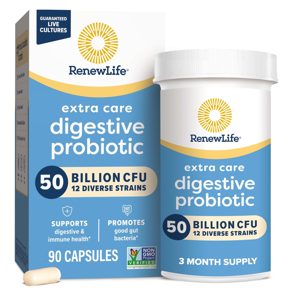 Yeni Yaşam Ekstra Bakım Digestive Probiyotik Capsules, 50 Milyar CFU Garantili, Daily Supplement Supports Immune, Digestive, Respiratory Health (1), L. Rhamnosus GG, Dairy, Say ve Gluten-Free, 90 milyar CFU Garantili, Daily Supplement Supports Immune, Digestive, Respiratory Health (1), L. Rhamnosus GG, Dairy, Say ve Gluten-Free, 90