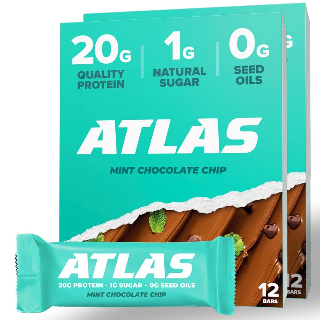 Atlas Protein Bar, 20g πρωτεΐνη, 1g ζάχαρη, καθαρά συστατικά, χωρίς γλουτένη, τσιπ σοκολάτας μέντας (12 κόμης, συσκευασία του 2)