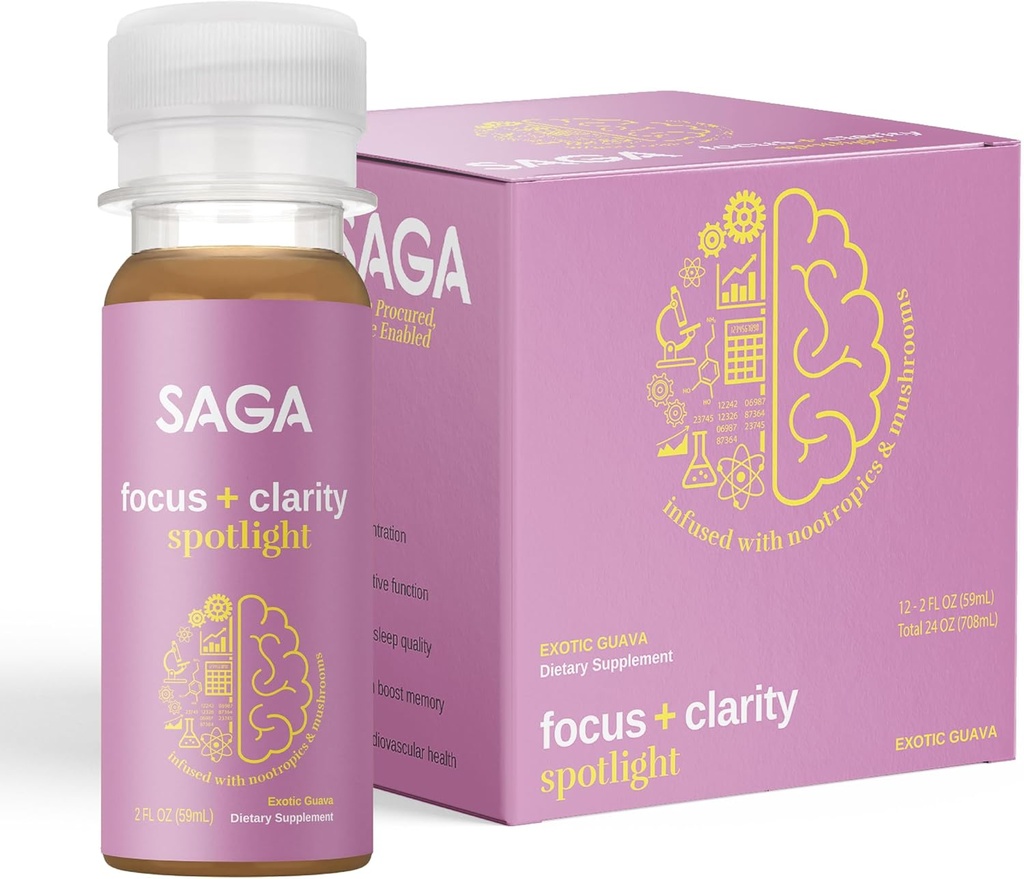 SAGA Organik Focus Shots | Contains Nootropics, Adaptogens, & Mushrooms - Bacopa & Ashwagandha | High Bioavailability & Fast Onset | No Jitters & Boosts | Exotic Guava 2oz Shots (12-Pack)