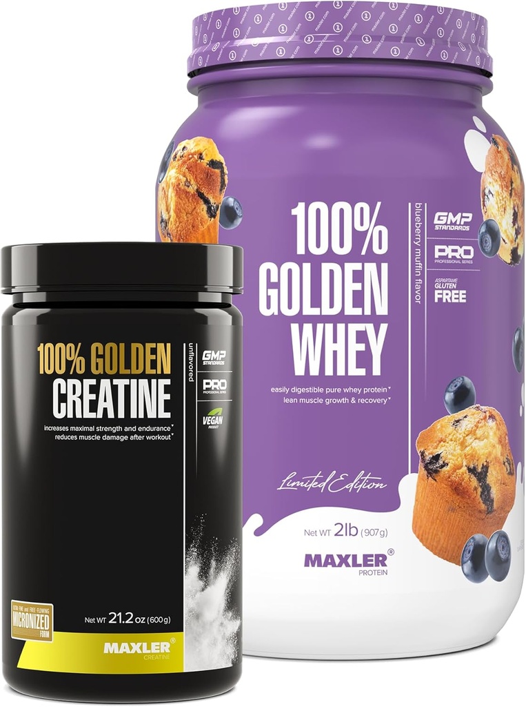 Maxler 100% Golden Whey (Blueberry Muffin 2 lb) & 100% Golden Creatine (Unfraved 21,2 oz)