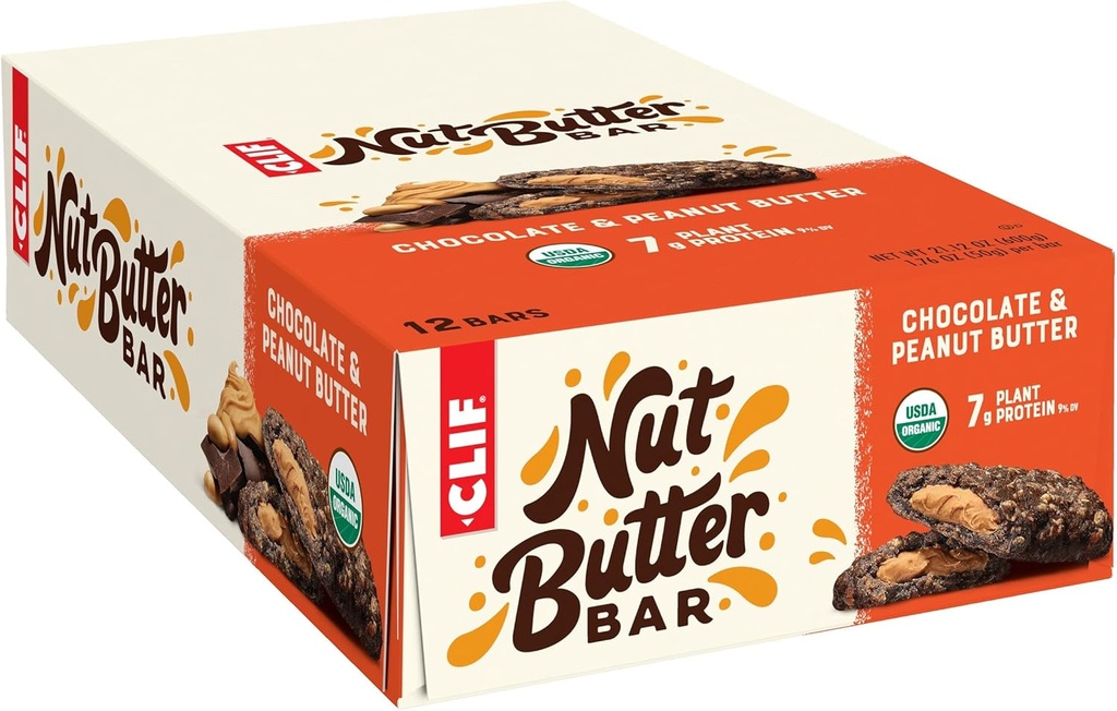 Clif Bar - Nut Butter Bar - Organik Snack Barlar - Chocolate Peanut Butter - Organik - Plant Protein - Non-GMO (1.76 Ounce Protein Snack Bars, 12 Count)