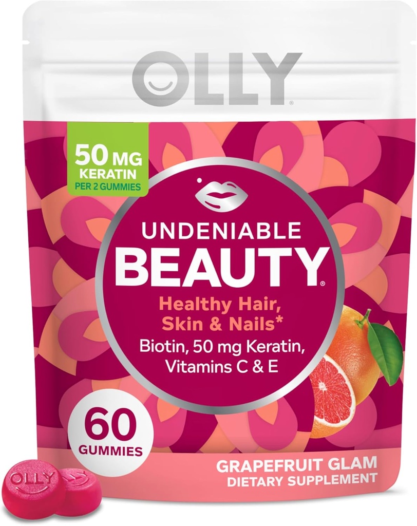 OLLY Undeniable Beauty Gummy, For Hair, Skin, Nails, Biotin, C, Keratin, Chewable Supplement, Grapetre, 30 Day Supply - 60 Countpetre