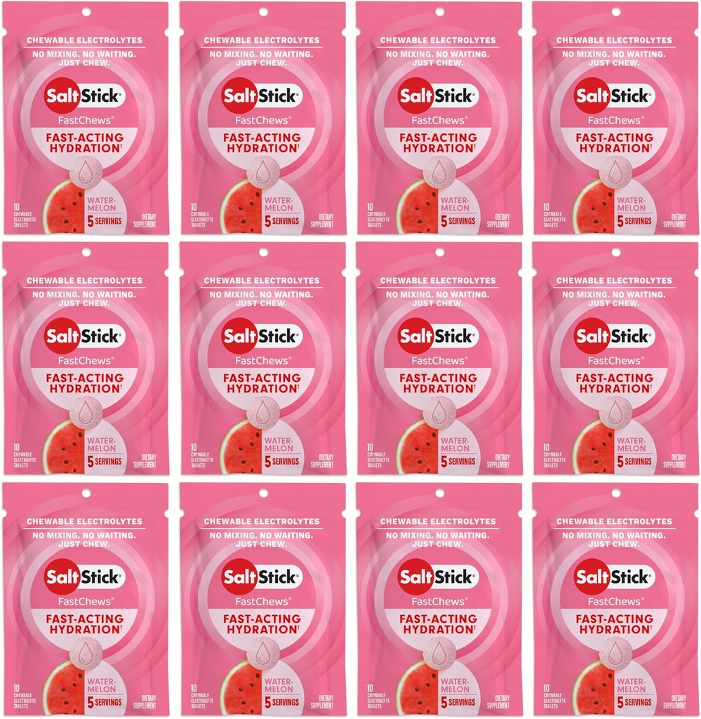 SaltStick Electrolyte FastChews - 120 Kont Watermelon Flavor - Hydration için Elyte Tabletler, Salt Tabs - 10 Kont (Brook of 12)