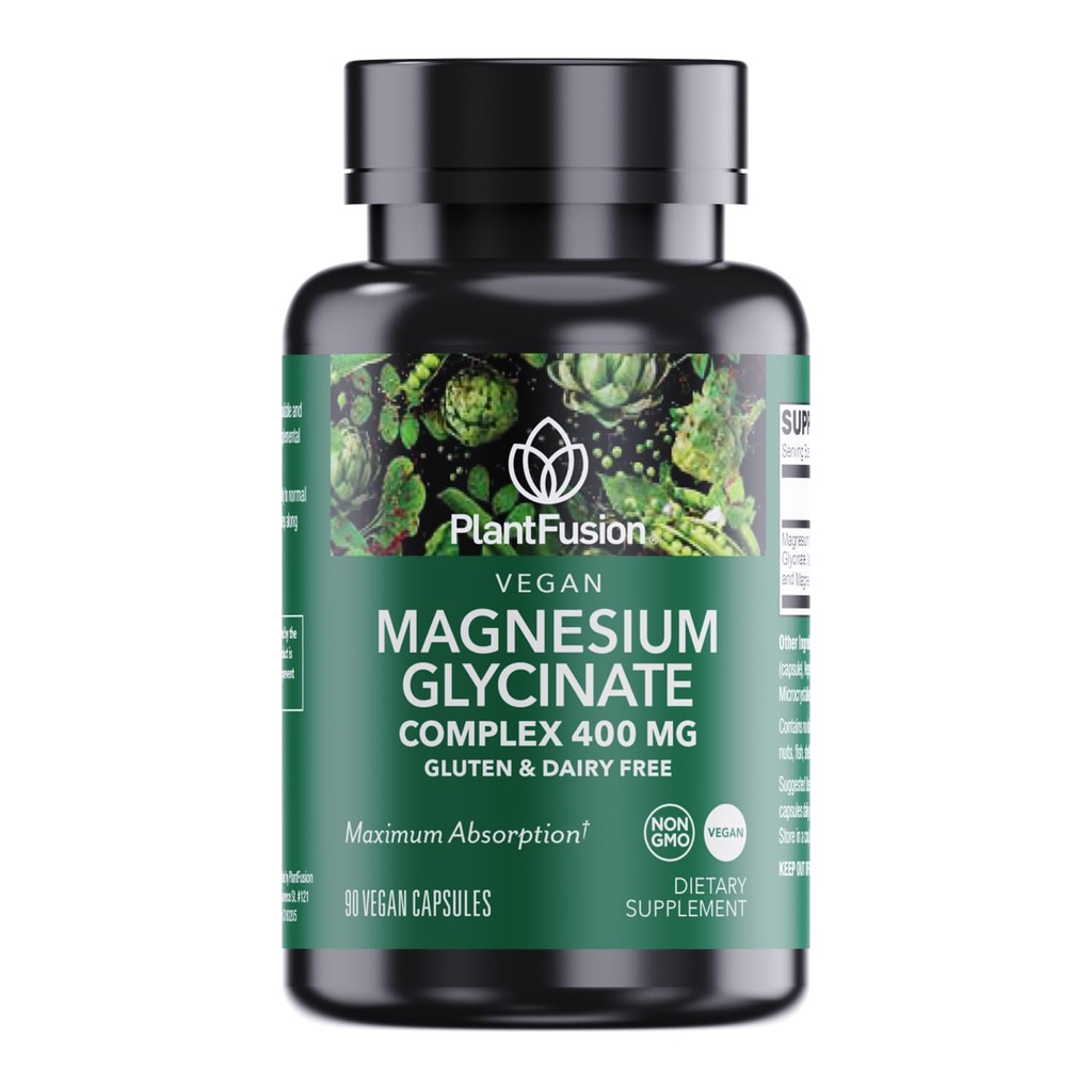 PlantFusion Vegan Magnezyum Glycinate Kompleksi 400 mg - Yüksek Absorpsiyon ve Bioavailability - Chelated - Supports Muscle Relaxation, Sleep, Cardio Health, Stress Relief, and Energy Production - Non GMO
