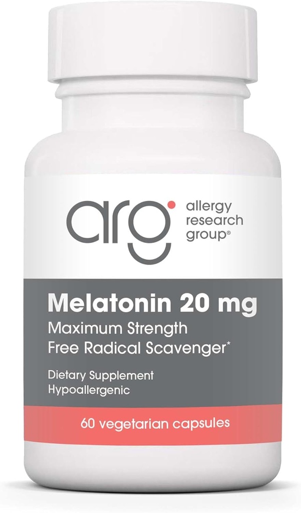 Ομάδα Έρευνας Αλλεργίας Μελατονίνη 20mg - Καθαρή Μελατονίνη, Επιπλέον Δύναμη για Ενήλικες, Βοήθεια για τον Ύπνο, Υψηλή Δόση, Κάψουλες Χορτοφαγών - 60 Count