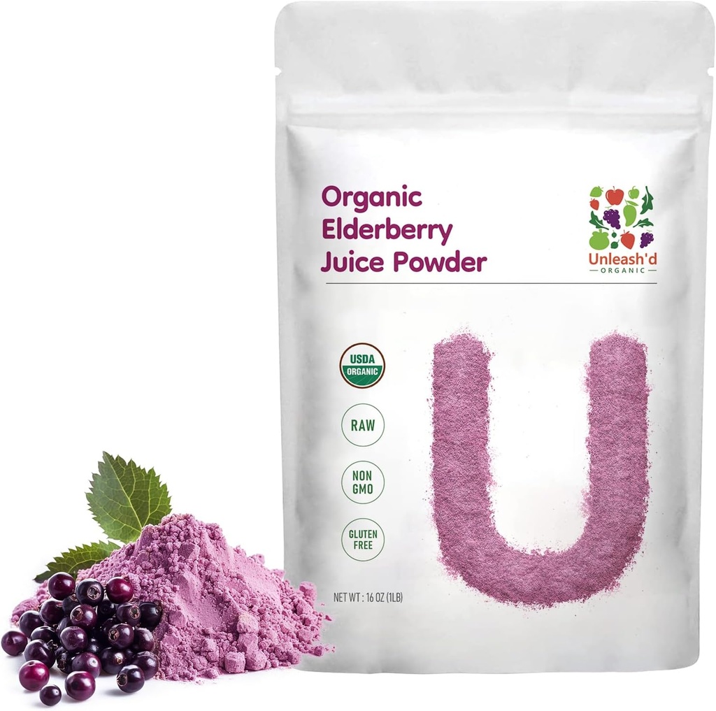 UNLEASH'D ORGANIC Organic Elderberry Juice Powder 16 oz 100% Pure Natural Green Food, πλούσια σε Αντιοξειδωτικά και πολυβιταμίνες, Υψηλή Αντιοξειδωτικά Επιδράσεις, Αντιφλεγμονώδη