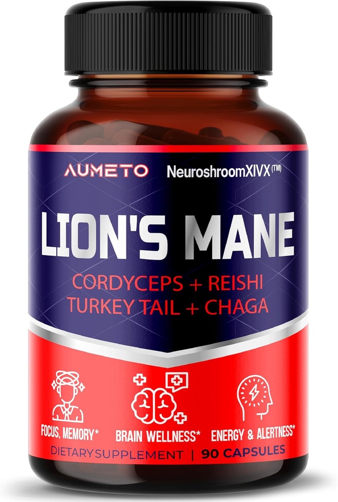 Lions Mane Συμπληρώματα κάψουλες 40% Πολυσακχαρίτες με Cordyceps, Reishi, Turkey Tail, Chaga Mushroom Complex - Caffeine-Free 18 in 1 Συμπλήρωμα εγκεφάλου για Μνήμη και Εστίαση