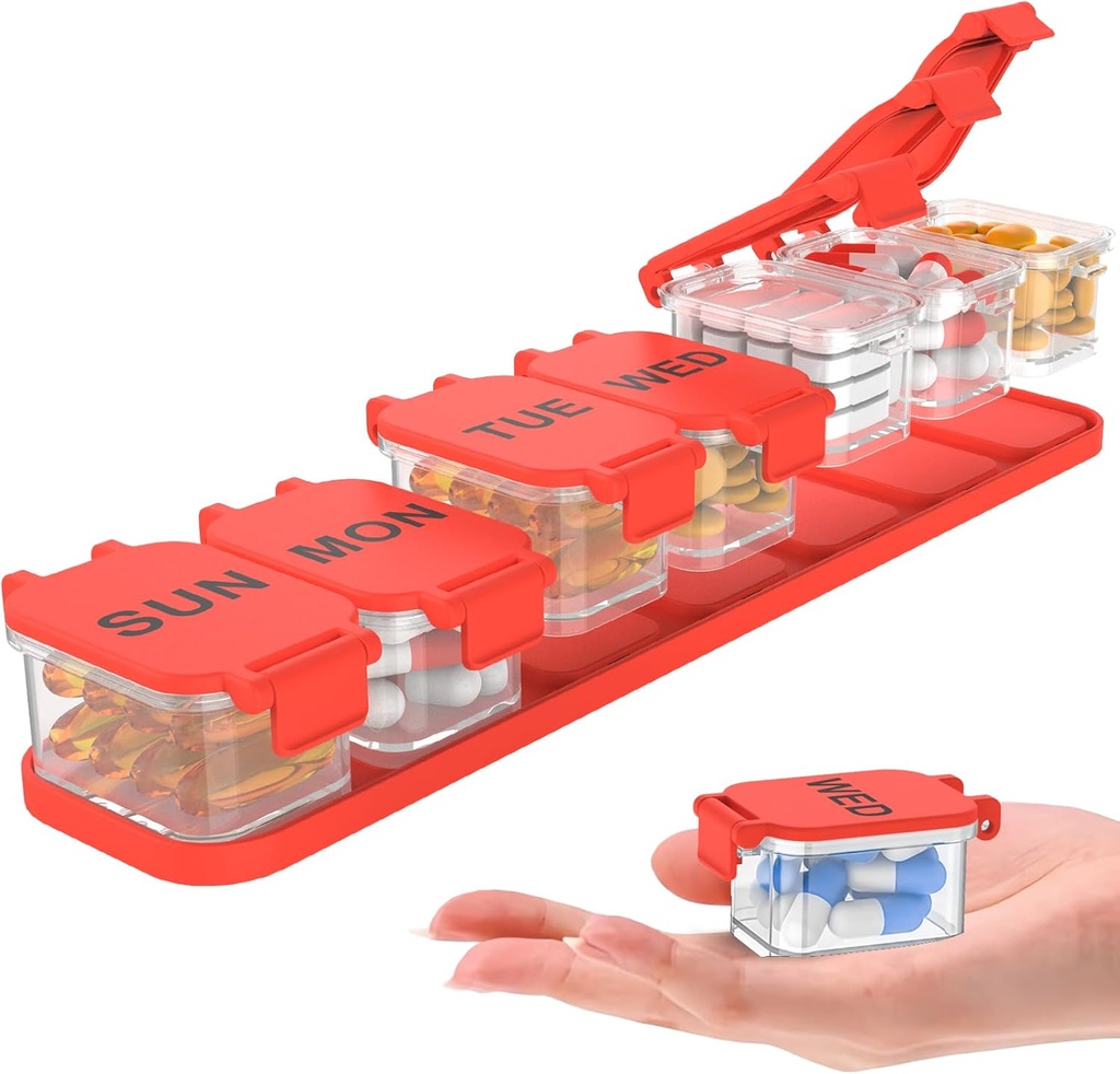 Ekstra Büyük Haftalık Pill Organizer - Su 7 Günlük Pill Box, Portatif Vitamin & Supplement Case, Open Design, Ideal for Travel a nd Daily Drug Management (Red)