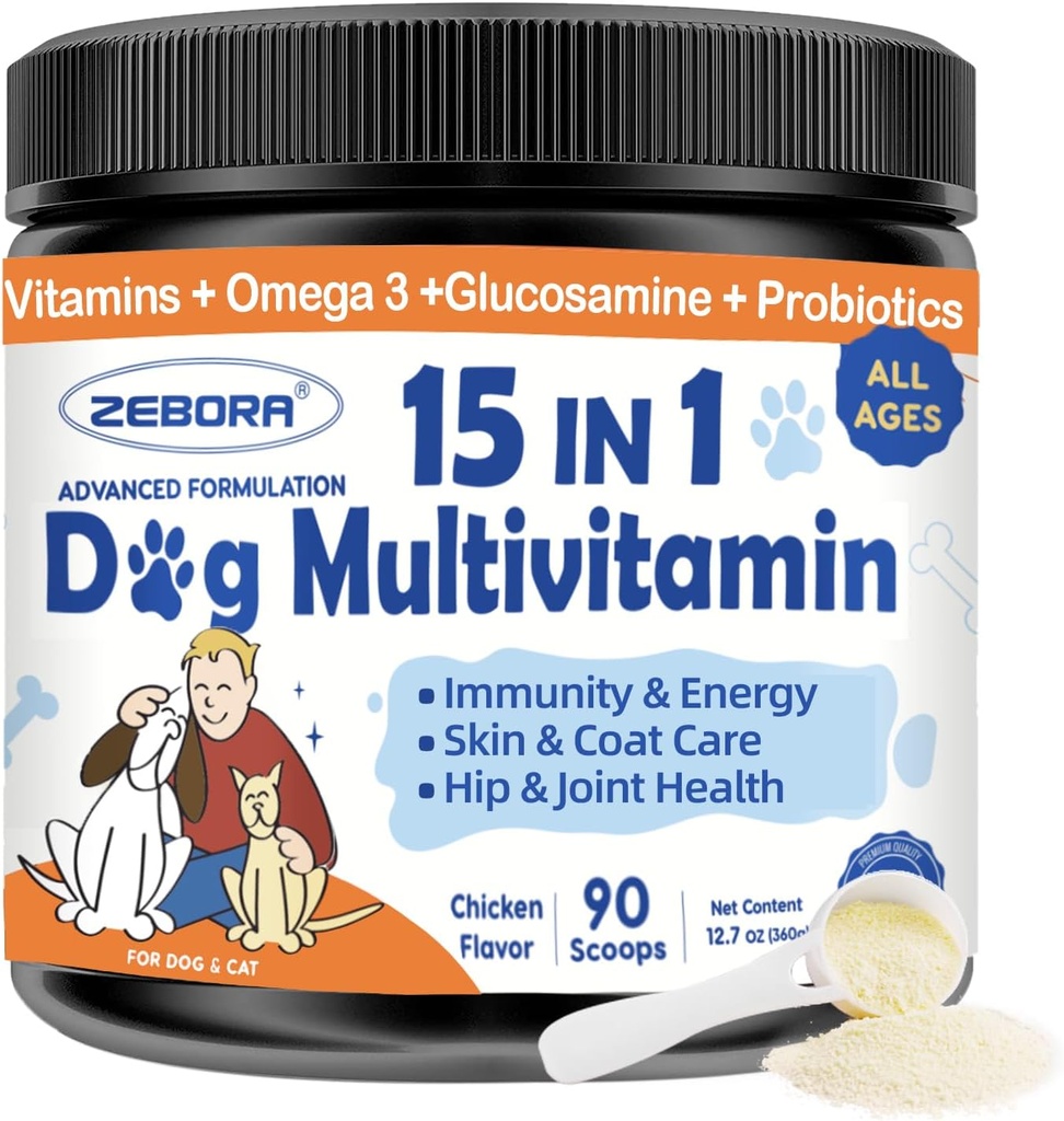 ZEBORA Dog Multivitamin Toz with Glucosamine, Dog Vitamins and Supplements for Immune Support, Skin and Coat Supplement Supplement with Omega 3 for Antigestive & Gut Health