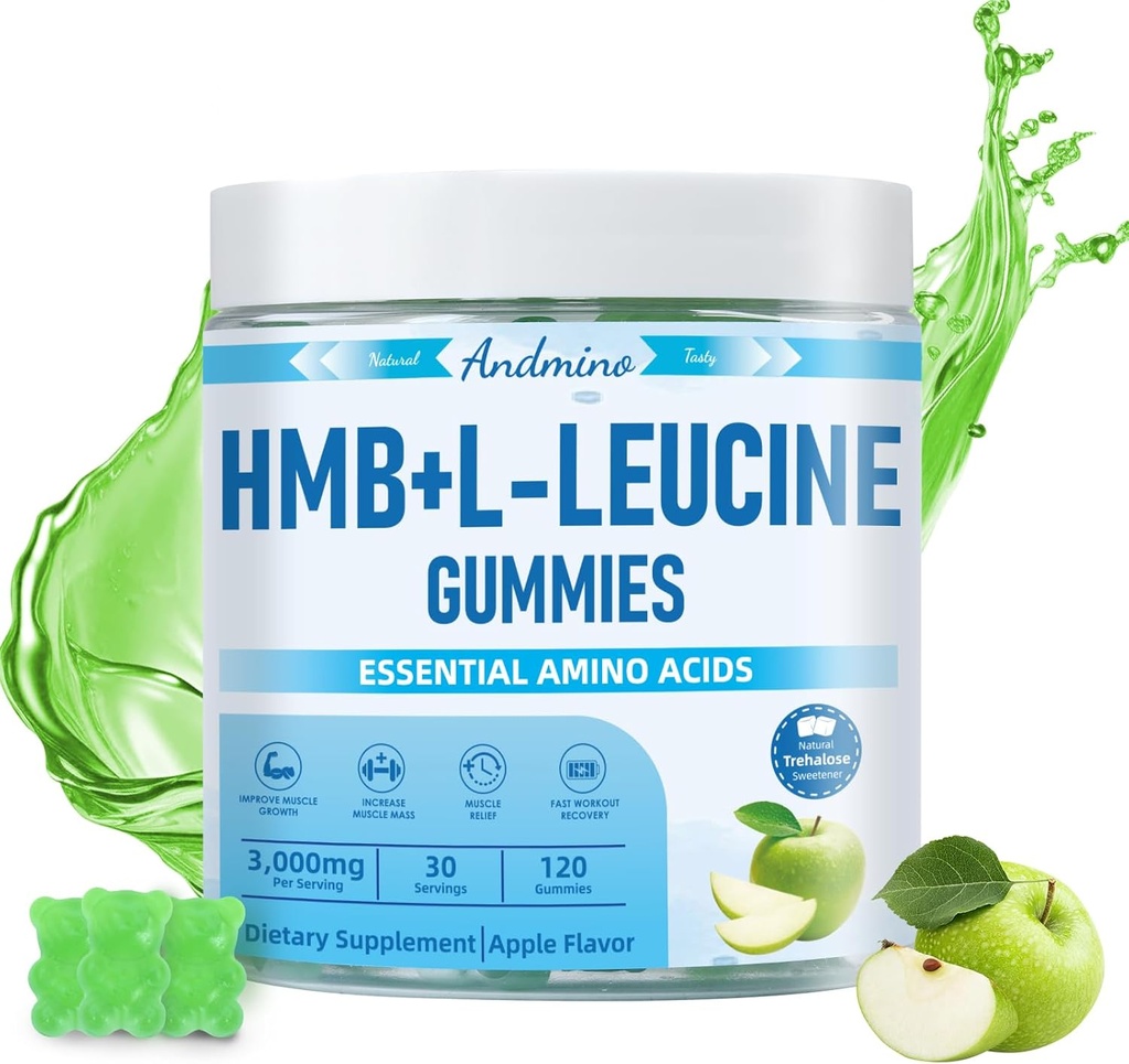 HMB ve L-Leucine Gummies, 3000 mg, Trehalose ile, Kas Büyüme, Kas Relief ve Workout Recovery için, Yetişkinler & Elder, Non-GMO, Vegan, Gluten Free, Apple Flavor, 120