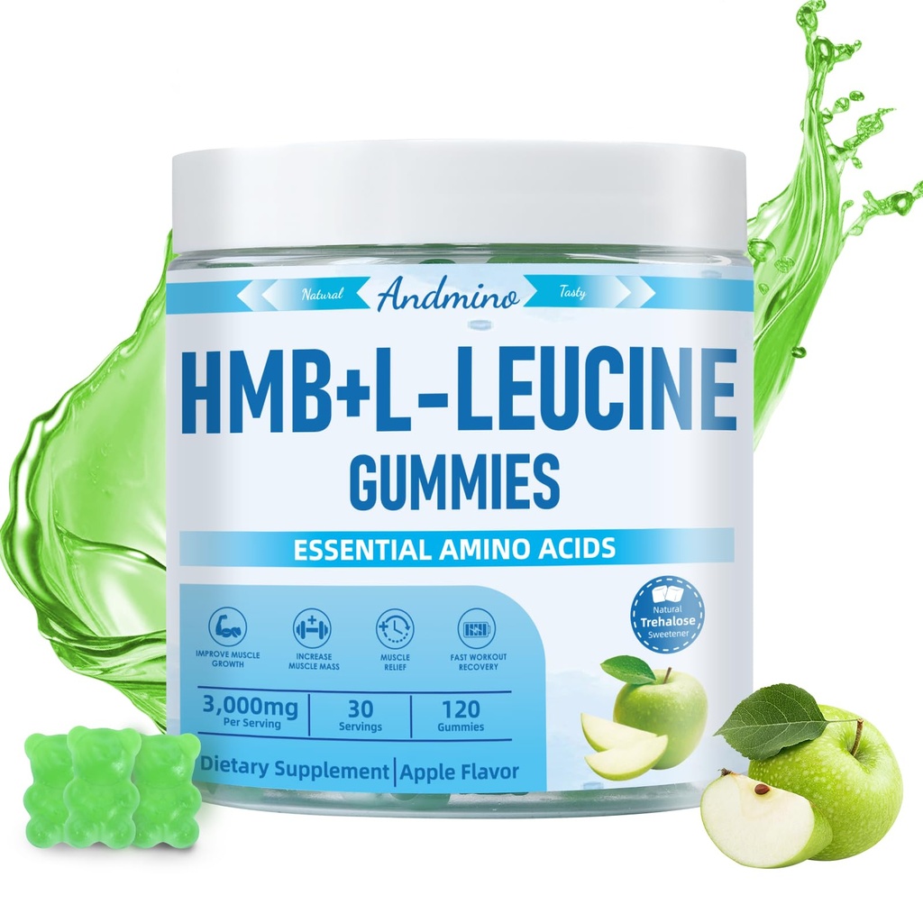 HMB ve L-Leucine Gummies, 3000 mg, Trehalose ile, Kas Büyüme, Kas Relief ve Workout Recovery için, Yetişkinler & Elder, Non-GMO, Vegan, Gluten Free, Apple Flavor, 120