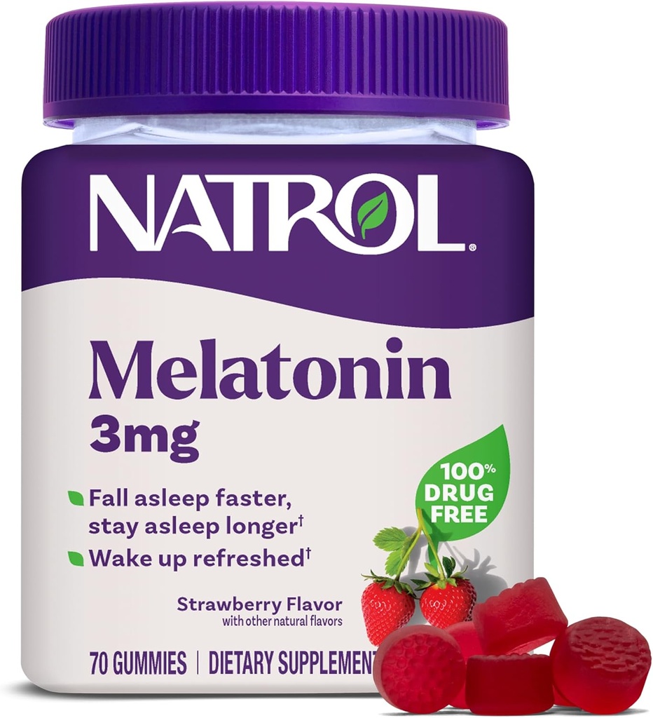 Natrol Melatonin Gummies, Υποστήριξη ύπνου για ενήλικες, 3 mg συμπλήρωμα μελατονίνης για ύπνο, 70 φράουλα-Flavored Gummies, Μέχρι 70 ημέρες προσφοράς