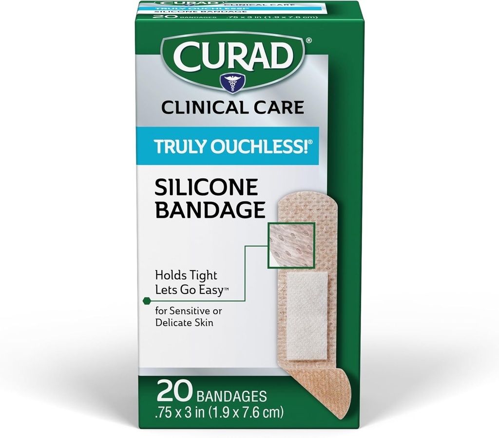 CURAD Gerçekten Ouchless!® Silikon Bantları, .75" x 3", Hassas veya Delicate Skin, Flex Fabric, Korumalar, Cuts & Burns, 20 Counts, Cuts & Burns