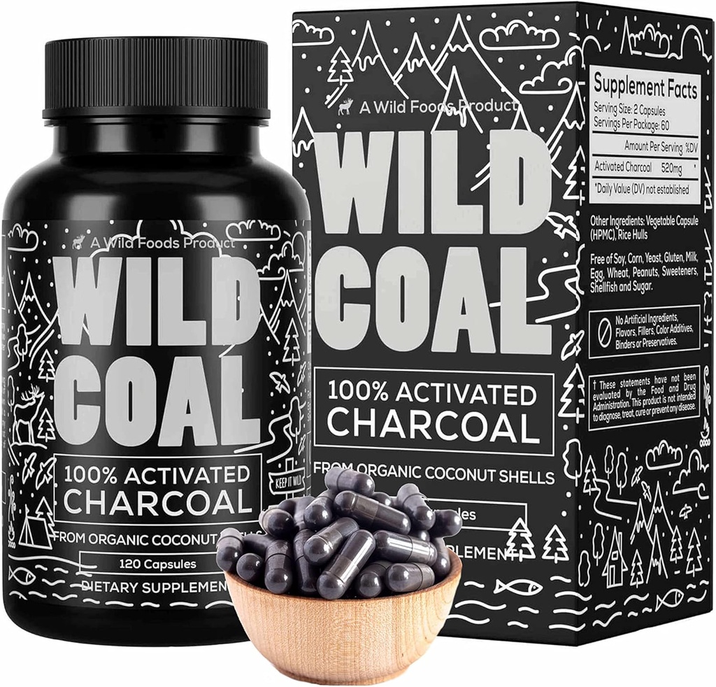 Vahşi Gıdalar Aktif Charcoal Capsules | 100% Organik Coconut Shells Bloating & Hangover için Aktif Tabletler | Lab Tested & Non-GMO Detox Pills | ABD'de (120 Capsules)
