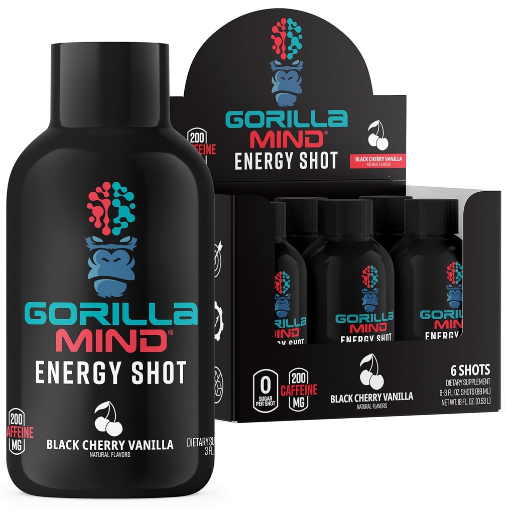 Gorilla Mind Energy Shots ( 6) - Geliştirilmiş Focus & Energy, Sugar-Free, Fast-Acting, Potent Formula in Vitamins & Natural Extracts (Black Cherry Vanilla)