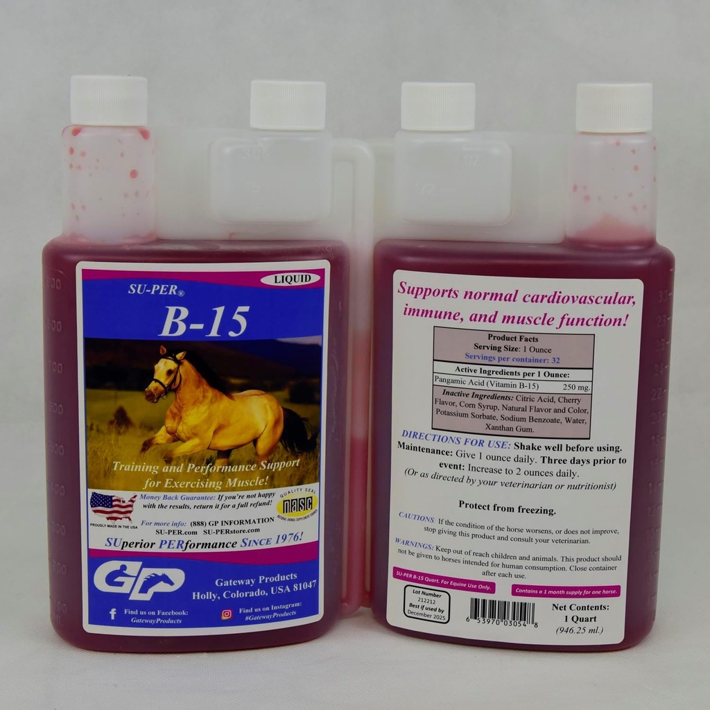 SU-PER B-15 συμπλήρωμα βιταμίνης για τα άλογα - Equine Vitamin B-15 Liquid for Performance Support - Υποστηρίζει την κανονική καρδιοαγγειακή ανοσοποιητική & μυϊκή λειτουργία - 1 Quart, (2 Pack)