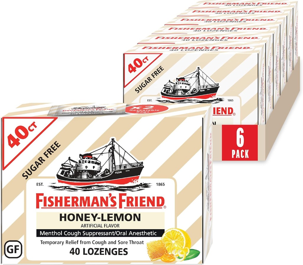 Fisherman's Friend Cough Drops, Cough Suppressant ve Sore Throat Lozenges, Sugar Free Honey-Lemon, 5.52 mg Menthol, 240 Drops (6 Packs of 40)