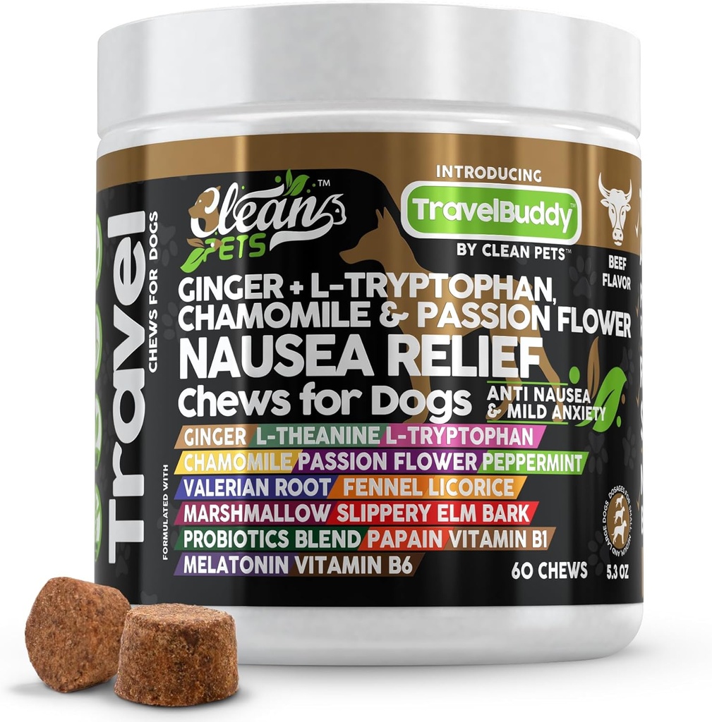 Seyahat Chews Nausea Relief for Dogs | Ginger L-Tryptophan Chamomile Passion Flower L-Theanine Peppermint Valerian Fen Rootnel Licorice Root Marshmallowm Root Slippery Elm Melatonin Chew