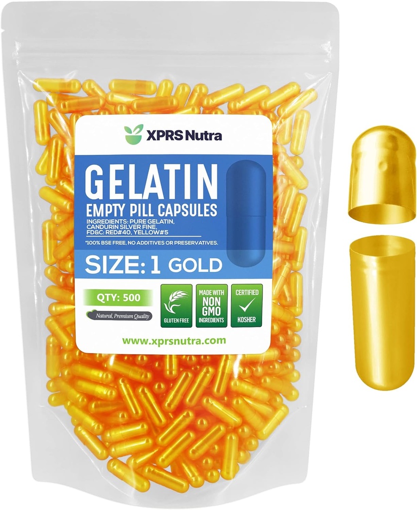XPRS Nutra Boyutu 1 Boş Kapsüller - 500 Kont Boş Gelatin Capsules - Pills DIY Capsule - Pure Bovine Pill Gel Caps For Do-It- Yourself Supplements (Gold)