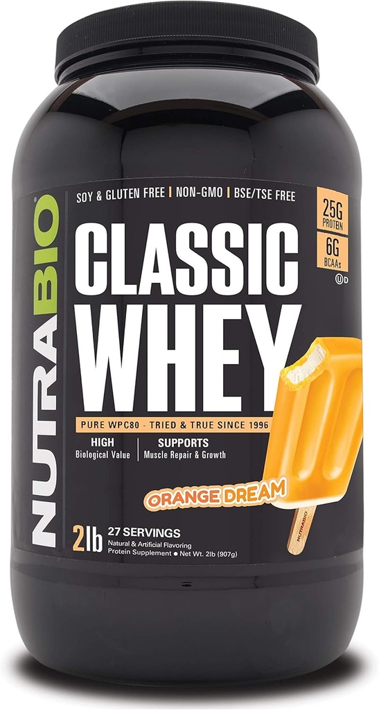 NutraBio Classic Whey Protein Toz- 25G Protein Per Scoop - Full-Spectrum Amino Asit Profil - No Fillers, Yapay Renkler, Preservatifler - Orange Dream, 2 Pounds
