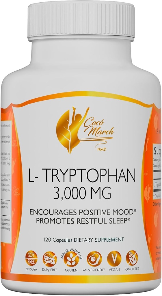 Cocó March N.M.D L-Tryptophan Sleep Aid 500 mg, Χωρίς γλουτένη, Vegan, GMO Free, Γαλακτοκομικά, Κετοφιλικές, Χωρίς σόγια - 30 Υπηρεσίες