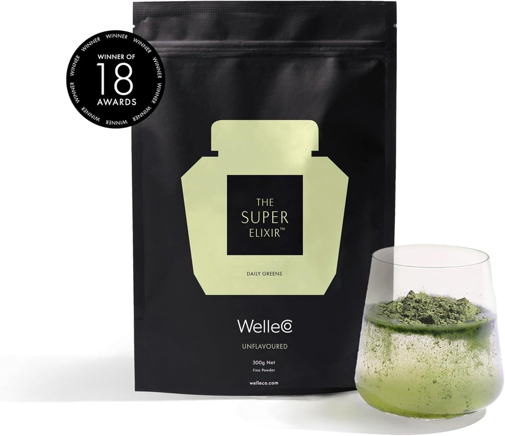 WelleCo The Super Elixir Daily Greens Toz, Probiyotik İçecek Mix with Whole Foods, Gluten Free, Vegan Gut Health Toz, Enerji, Immunity, Sağlıklı Skin, Hair & Nails (300g, Unflavored)