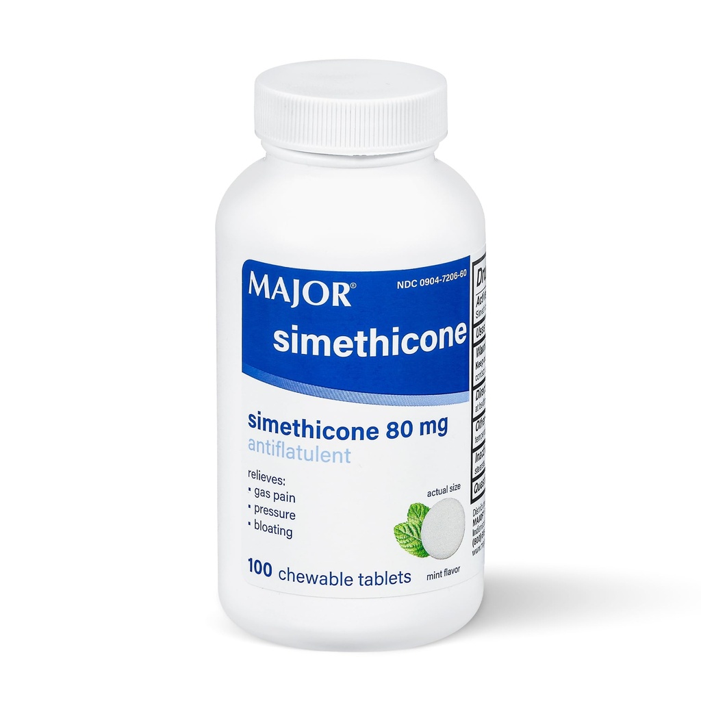 MAJOR Simethicone Gas Relief 80 mg - Anti Flatulence, Bloating ve Gaz Basınç Yardımı - 100 Chewable Tabletler (1 Pack)