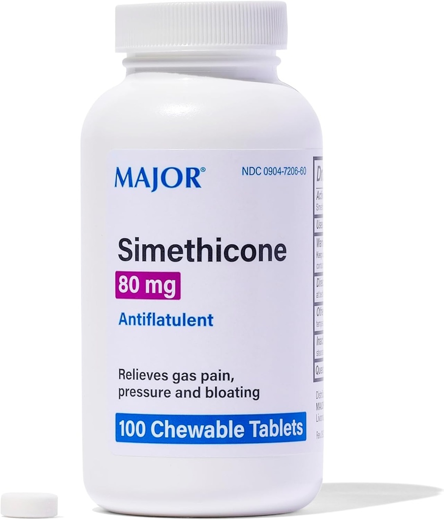 MAJOR Simethicone Gas Relief 80 mg - Anti Flatulence, Bloating ve Gaz Basınç Yardımı - 100 Chewable Tabletler (1 Pack)