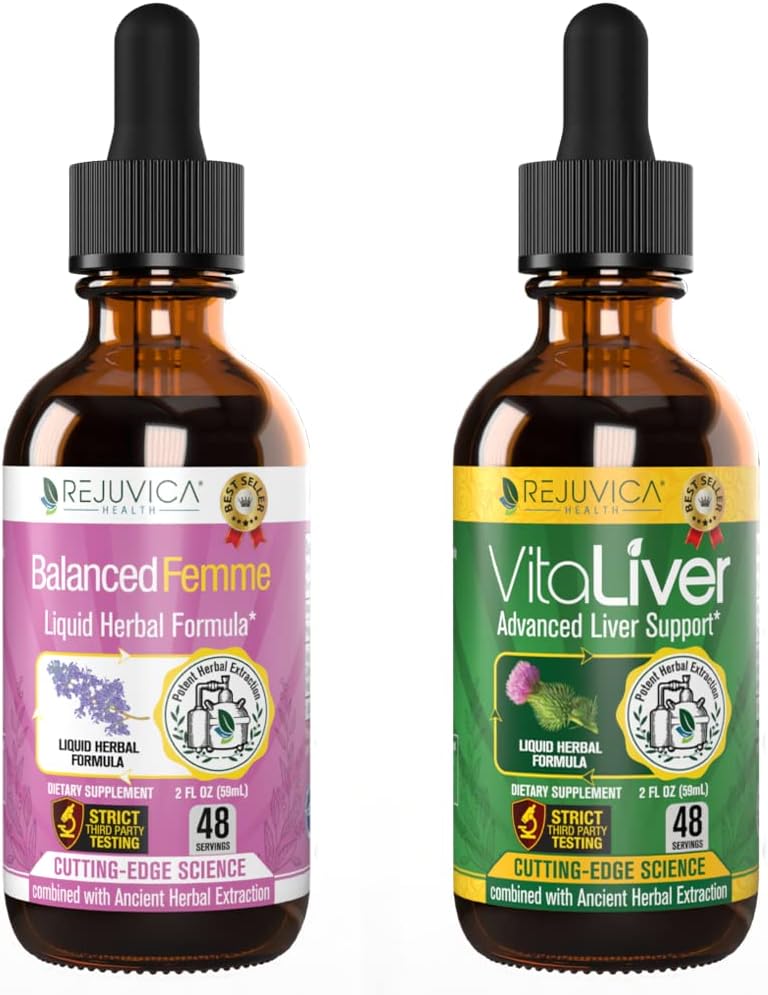 Rejuvica Health Balanced Femme + VitaLiver - Kadın Denge + Liver Support- Liquid Delivery for Better Abors - Milk Thistle, Dong Quai, Artichoke, Maca, Dandelion & More!