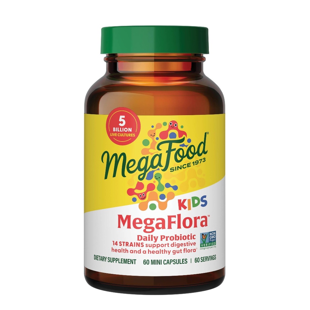 MegaFood MegaFlora Kids Probiyotiks - 5 Milyar CFUs - Non-GMO, Vegetarian, 9 Yiyecek Allergens olmadan, Probiyotikler for Digestive Health- 60 Mini Capsules (60 Hizmet)