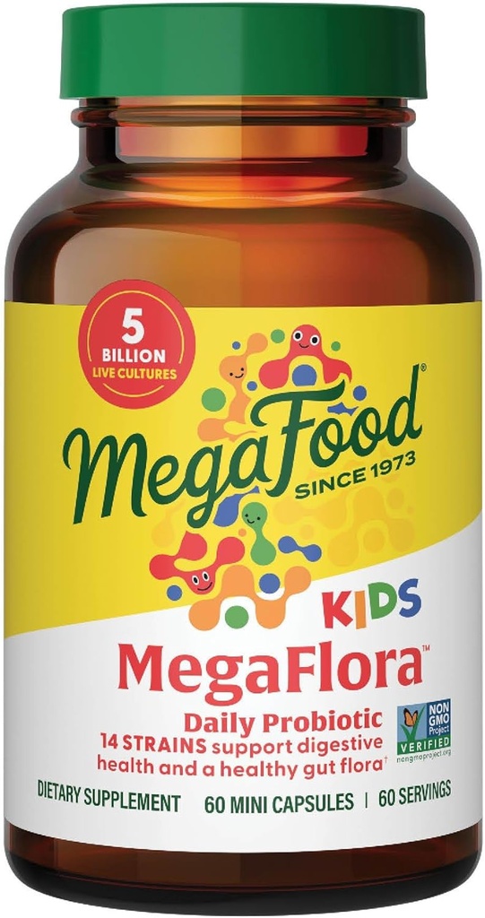 MegaFood MegaFlora Kids Probiyotiks - 5 Milyar CFUs - Non-GMO, Vegetarian, 9 Yiyecek Allergens olmadan, Probiyotikler for Digestive Health- 60 Mini Capsules (60 Hizmet)