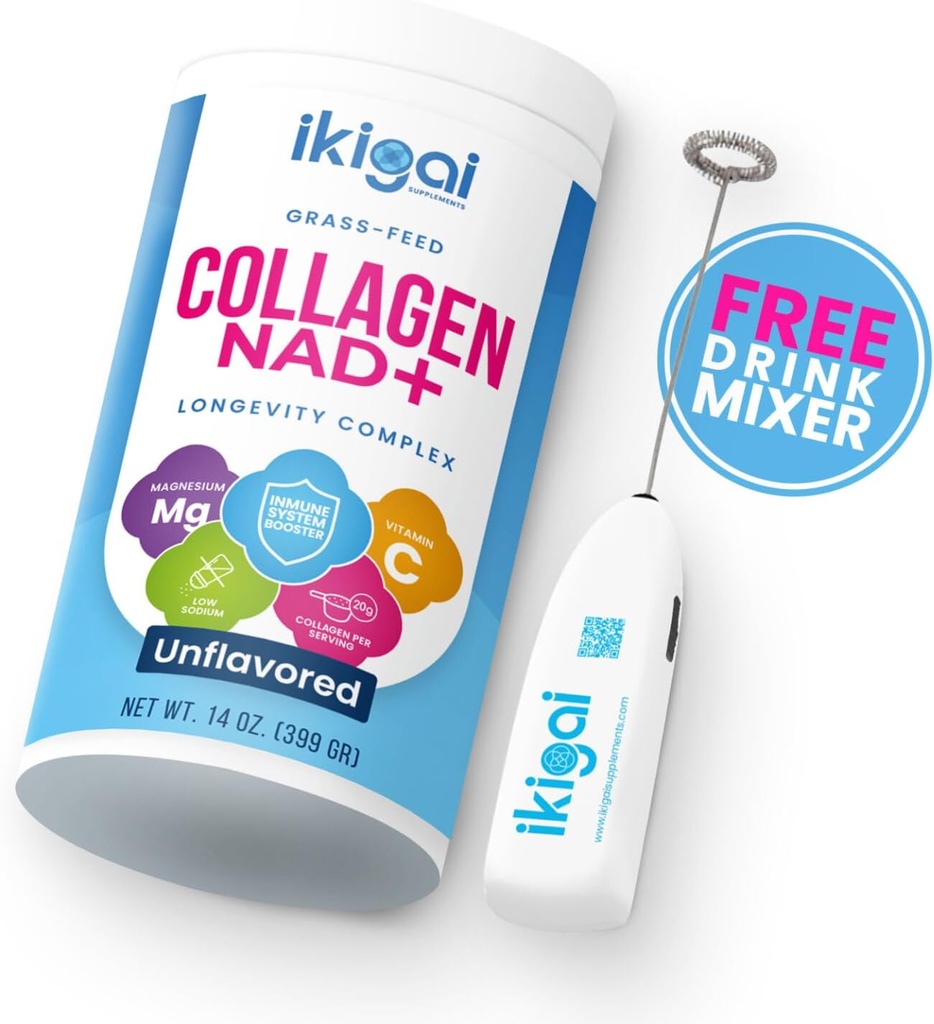 Ikigai Collagen with NAD + (30 hizmet) - Non-GMO, Gluten-Free, Paleo, Kosher - No Flavor, Adds Free Drink Mixer