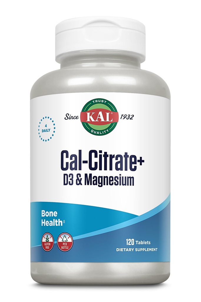 KAL Cal-Citrate+, Steel Citrate Plus Vitamin D-3 ve 500 mg of Magnezyum, Sağlıklı Kemikler ve Diş Desteği, Gluten Free ve Lab Kalite için Onaylandı, 30 Hizmet, 120 Tablet