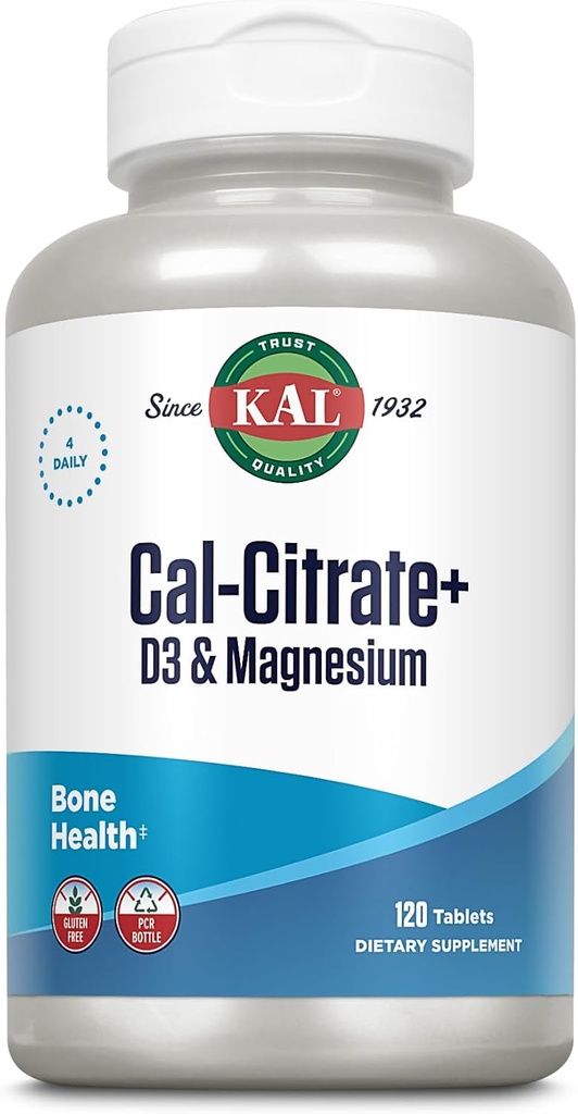 KAL Cal-Citrate+, Steel Citrate Plus Vitamin D-3 ve 500 mg of Magnezyum, Sağlıklı Kemikler ve Diş Desteği, Gluten Free ve Lab Kalite için Onaylandı, 30 Hizmet, 120 Tablet