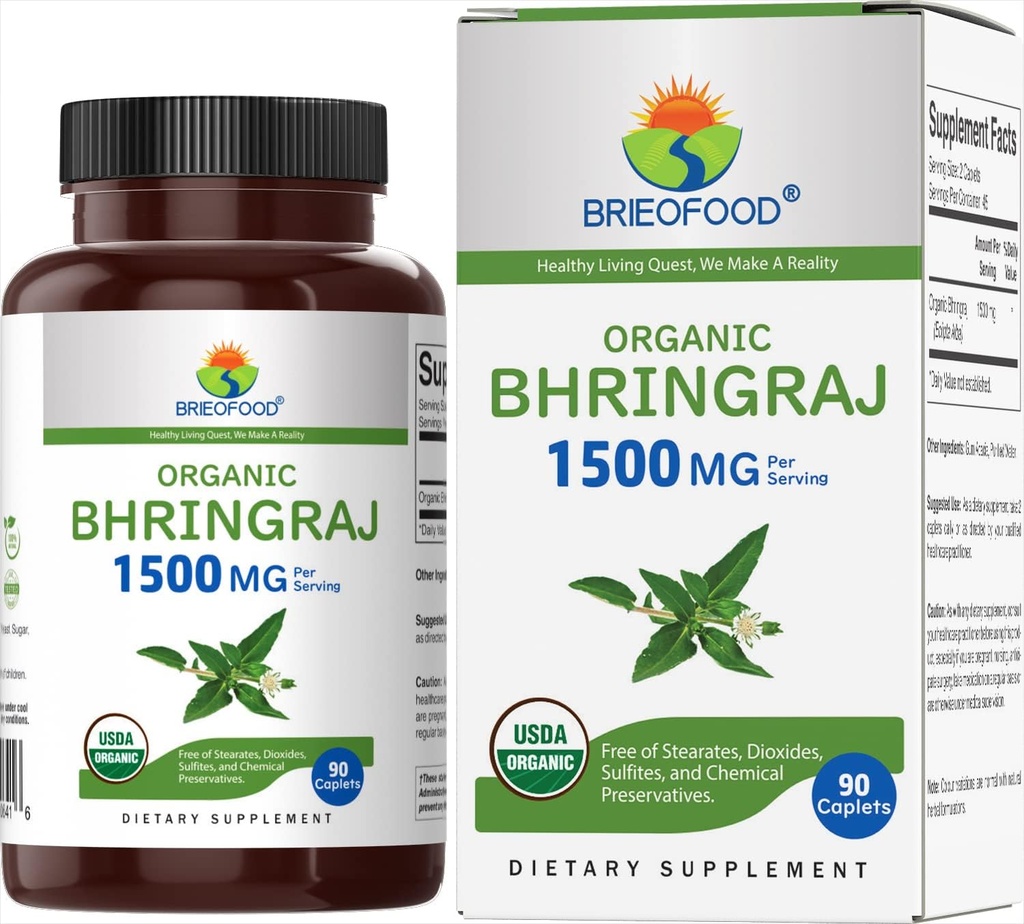 Brieofood Organic Bhringraj 1500 mg, 45 Hizmet, Vejetary, Gluten Free, 90 Vegetarian Tablets
