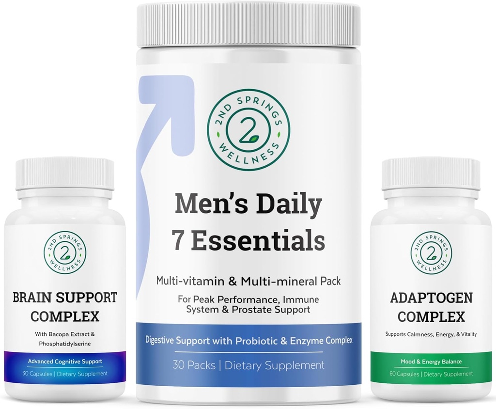 Wellness Men's Brain Bundle - Brain Support Complex, Men's Daily 7 Essentials, and Adaptogen Complex