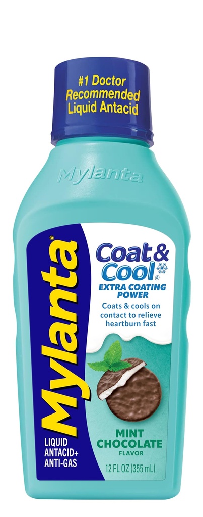 Mylanta Heartburn ve Gas Relief, Liquid Antacid, Coat & Cool Formula, Mint Chocolate Flavor, 12 Fl Oz