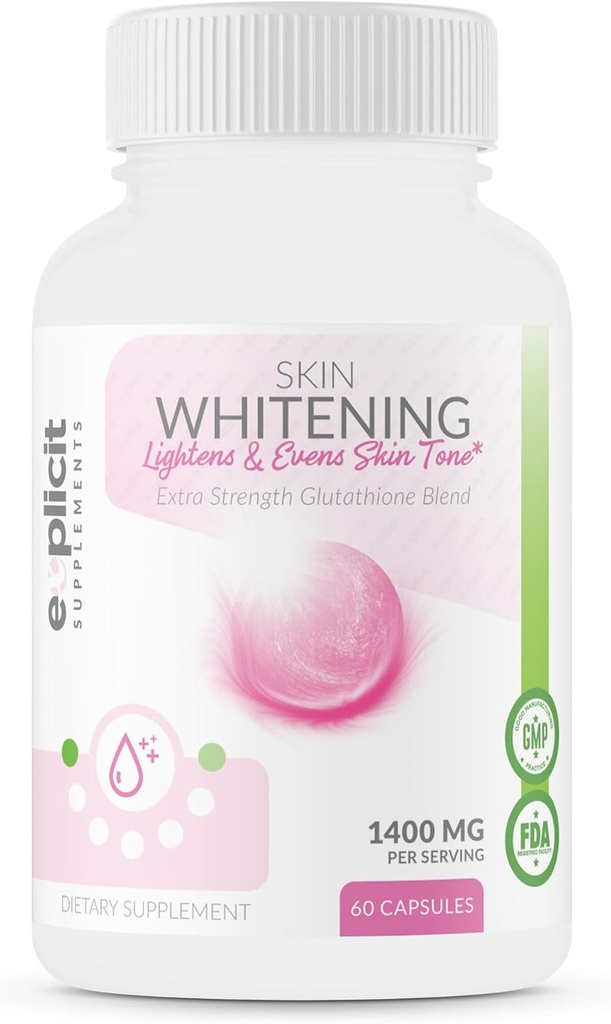 EXplicit Supplements Skin Whitening Supplement, Glutathione 1000 mg, Clears and Evens Skin Tones, Helps Clear Up Dark Spots and Acne Scars - 60 Capsules