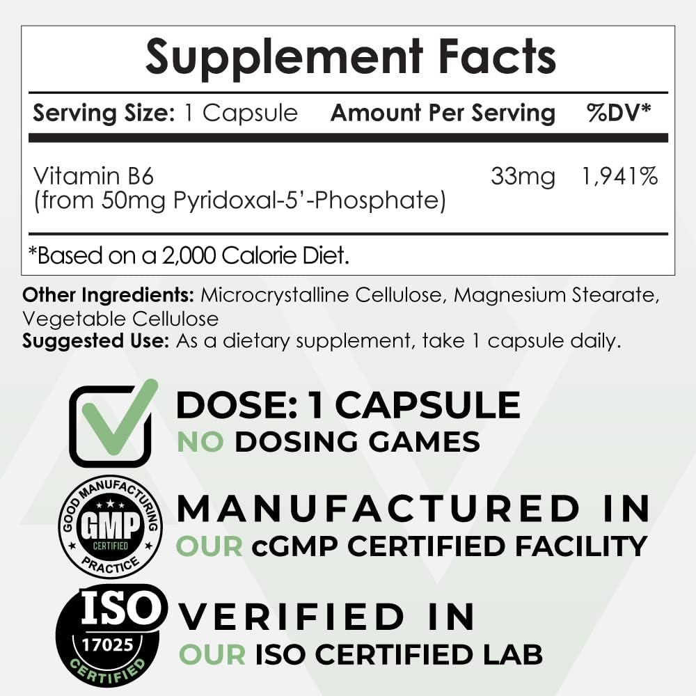 Pyridoxal-5'- Phosphate Capsules (P5P) | 50 mg | Active Form of Vitamin B6 | 365 Count | Nootropics Depot