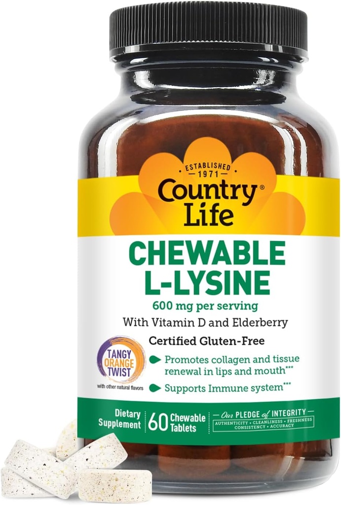 Country Life Chewable L-Lysine Supplement with Vitamin D and Elderberry, Immune Support and Collagen Renewal for Skin Tound, Ideal for Yetişkinler