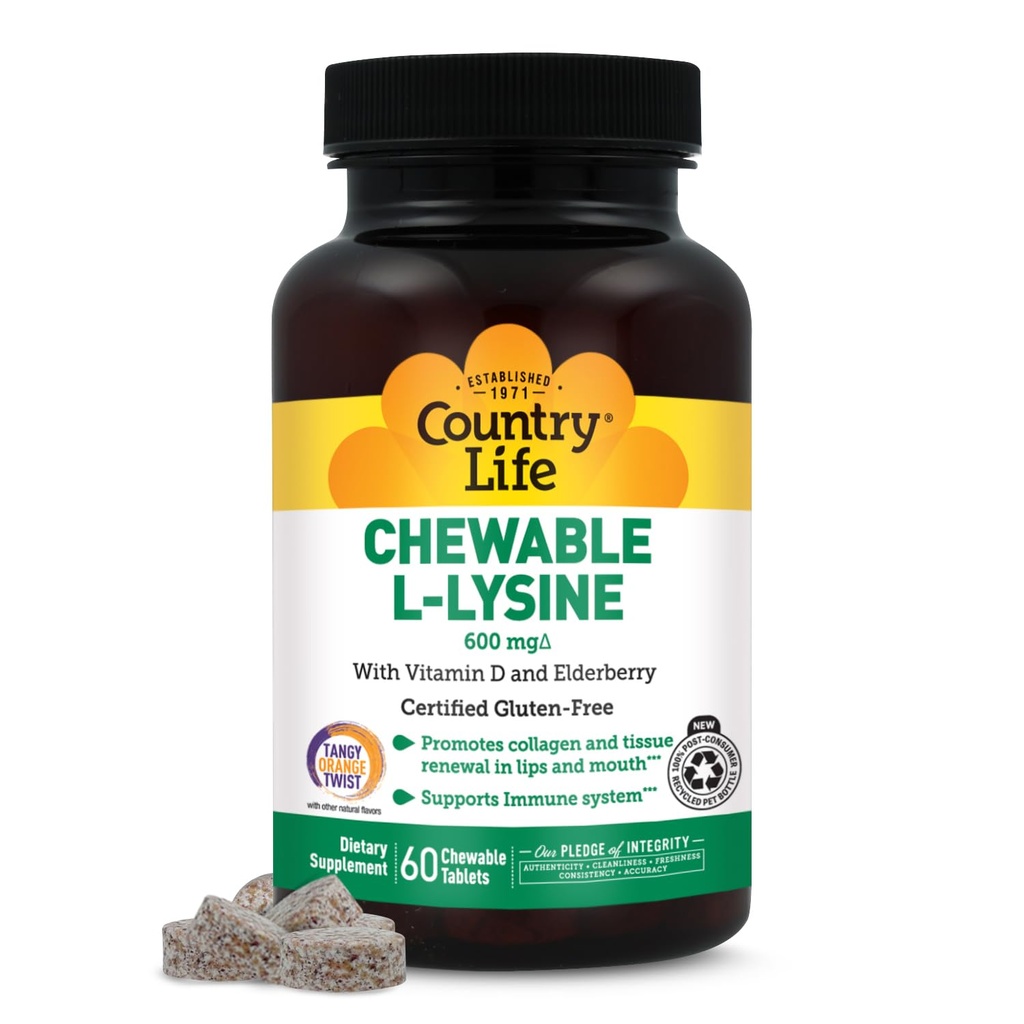 Country Life Chewable L-Lysine Supplement with Vitamin D and Elderberry, Immune Support and Collagen Renewal for Skin Tound, Ideal for Yetişkinler